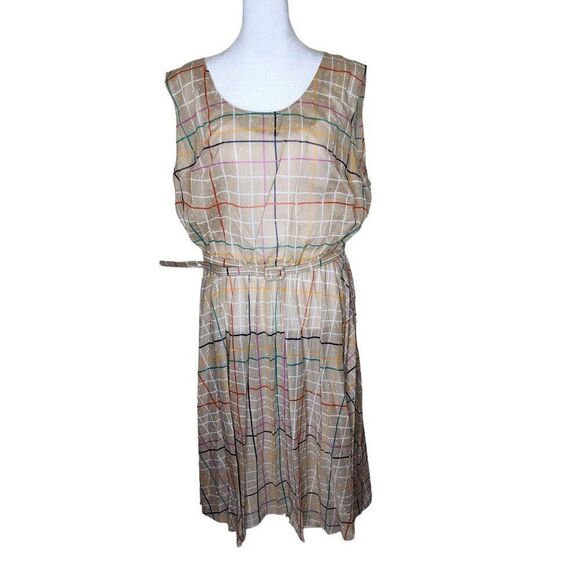 Vintage 70s Long Sleeve Top Blouson Dress Set Womens Size 3XL Beige Rainbow Chec - Picture 1 of 13